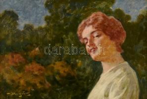 Margitay Tihamér (1859-1922): Mosolygós hölgy. Olaj, karton, jelzett, fa keretben, 33×49 cm