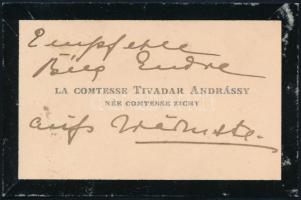 cca 1900 Andrássy Tivadarné Zichy grófnő autográf soraival ellátott névjegye