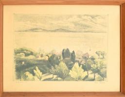 Kiss Terézia (1928-): Balatoni táj, Színezett algráfia, papír. Jelzett. 29x38cm, Üvegezett fakeretben.