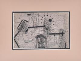 Topor András (1944-1997): Komor táj, 1967. Ceruza, szén, tus, papír, jelzett. Hátoldalán autográf felirattal. Paszpartuban, 16×25 cm