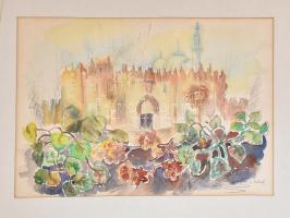 Szilárd Klára (Claire Szilard, 1921-2017): Meseváros. Akvarell, ceruza, papír, jelzett. Paszpartu széle foltos. 33,5×48 cm