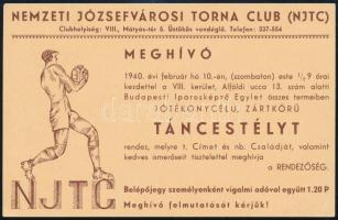 1940 Nemzeti Józsefvárosi Torna Club meghívója jótékony célú zártkörű táncestélyre
