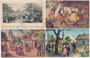 4 db régi magyar folklór képeslap: csárdás / 4 pre-1945 Hungarian folklore postcards: traditional dance