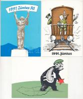3 db MODERN magyar propaganda képeslap a szovjetek kivonulásáról (1991) Kiadja a Magyar Fórum (Csurka István) / 3 MODERN Hungarian propaganda postcards: the withdrawal of Soviet troops from Hungary
