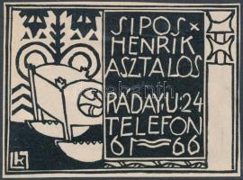 Kozma Lajos által tervezett Sipos Henrik asztalos reklám kartonon. Jelzett a nyomaton 6x9 cm