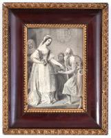 cca 1850 Árpád-házi Szent Erzsébet adománya egy koldusnak, metszet, véste: Axmann József, üvegezett keretben, kisebb gyűrődésekkel, 10×7 cm