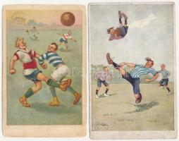 4 db régi humoros sport motívum képeslap: foci (közte 1-1 Schönpflug és K. Feiertag szignóval) / 4 pre-1945 sport humour motive postcards: football (including 1-1 signed by Schönpflug and K. Feiertag)