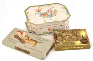 3 db édességes papírdoboz: Macskanyelv, Tokaji borosbonbon, Duna csokoládégyár Százszorszép bonbon, 15,5x11x55 cm és 12x8x2 cm közötti méretben