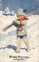 1917 Boldog karácsonyi ünnepeket! / winter sport, boy with ski and Christmas greetings. B.K.W.I. 3173-2. s: K. Feiertag