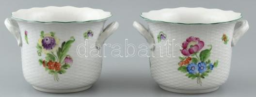 2 db Herendi porcelán kaspó virág mintákkal. Kézzel festett, jelzett, hibátlan d: 15,5 cm, m: 11 cm