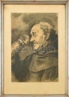 Vályi 1939 jelzéssel: Sörivó szerzetes. Grafit, papír. Jelzett. Üvegezett keretben 60x43 cm