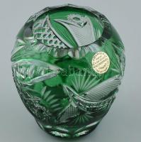 Zöld kristály váza, többrétegű, csiszolt, metszett, hámozott, hibátlan, m:10 cm
