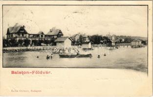 1902 Balatonföldvár, parti látkép, fürdőzők, csónakázók. Klösz György kiadása (EK)