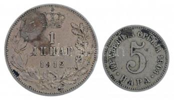Szerbia 1904. 5p Cu-Ni + 1912. 1D Ag I. Péter T:2,2-  Serbia 1904. 5 Para Cu-Ni 1912. 1 Dinar Ag Petar I C:XF,VF