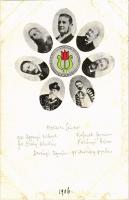A második Wekerle-kormány tagjai: Wekerle Sándor, Ifj. Andrássy Gyula, Polónyi Géza, Kossuth Ferenc, Apponyi Albert, Josipovich Géza, Zichy Aladár. tulipános, hazafias lap, Örömy Sándor kiadása / Hungarian Goverment of 1906