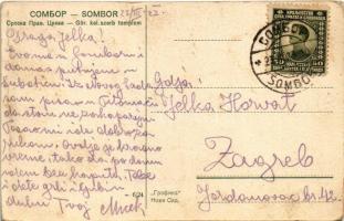 1923 Zombor, Sombor; Görög keleti szerb templom, üzletek / Greek Orthodox Serbian church, shops (EB)