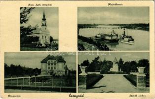 1942 Csongrád, Római katolikus templom, Hajóállomás, Gimnázium, Hősök szobra, emlékmű. Végh Ervin kiadása (kis szakadás / small tear)