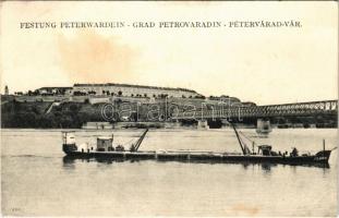 1910 Újvidék, Novi Sad; Pétervárad vár, "Klára" uszály, vasúti híd / Grad Petrovaradin / castle, barge, railway bridge