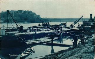 1933 Újvidék, Novi Sad; vasúti híd, rakpart, uszályok / railway bridge, quay, barges