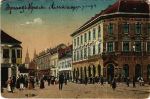 1923 Versec, Vrsac; Városház utca, Verseczi Hitelbank, Győri Mór, G. Florian & Comp. üzlete, Glückmann Hungária szálló. Gábor Lajos kiadása / street, bank, shops, hotel (EB)