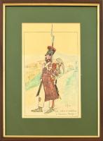 XX sz. vége Olvashatatlan jelzéssel: 1813 Soldat dartillerie a L... (Espagne), akvarell, papír, üvegezett fa keretben, paszpartuban, 25x16 cm, keret: 37x28 cm