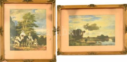 2 db régi díszes üvegezett fa képkeret, bennük ismert festmények nyomataival, az egyik Barabás Miklós: Vásárra menő román család, 39x31 cmx2