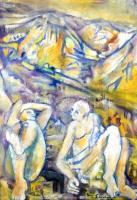 Schönberger jelzéssel: Beszélgetők. Akvarell, karton. Kissé kopott fa keretben. 69x49 cm