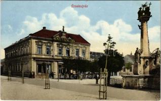 Érsekújvár, Nové Zamky; Nemzeti szálloda, Frisch üzlete, szobor / hotel, statue, shops