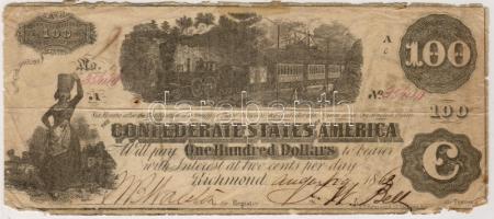 Confederate States 1862 100$ hátoldalán postabélyegzővel RR!! T.IIII