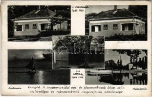 1942 Fonyód, a magyarországi vas- és fémmunkások közp. szöv. esztergályos és rokonszakmák csoportjának üdülőtelepe, új üdülőházak (épült 1938), első üdülőház (épült 1918), naplemente, hajóállomás (EB)