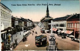 1926 Újvidék, Novi Sad; Ulica Kralja Petra / utca, piac, villamosok / street, market, trams (felszíni sérülés / surface damage)