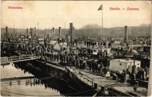 1908 Zimony, Semlin, Zemun; Téli kikötő hajókkal, Mercur gőzüzemű oldalkerekes személyhajó / Winter port (EK)