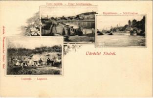 Titel, Hajóhíd, lagunák, hajóállomás. Nonnenmacher Endre kiadása / pontoon bridge, lagoons, port. Art Nouveau, floral