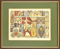 Glasmalerei, színes litográfia, üvegezett fa keretben, paszpartuban, Meyers Konv. Lexikon, 22x28 cm, keret: 24x35 cm