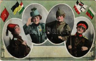 1916 WWI Austro-Hungarian K.u.K. military, Central Powers propaganda with flags and ladies in soldiers uniforms. L&P 2281. (r)