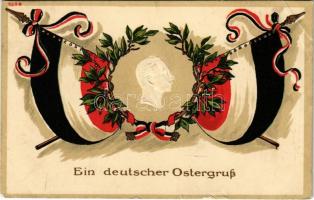 1916 Ein deutscher Ostergruß / WWI German military art postcard with Easter greeting, Wilhelm II, German flags, patriotic propaganda. B.B. & O.L. Emb. litho (EB)