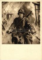1944 Motorkerékpáros Keleten / WWII German military art postcard, NSDAP German Nazi Party propaganda, soldier with motorcycle s: Otto Engelhardt-Kyffhäuser (EK)