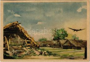 1942 Feldpostkarte / WWII German military field postcard, NSDAP German Nazi Party propaganda, military aircraft, bombed village s: Fritz Brauner (vágott / cut)