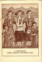A cserkészleány minden cserkészt testvéreinek tekint. A Magyar Cserkészleány Szövetség kiadása / Hungarian girl scout art postcard s: M. Geőcze E. (EB)