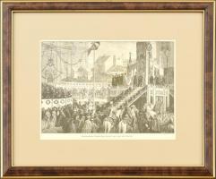 cca 1870-1900 Morelli Gusztáv (1848-1909): Ferenc József koronázási esküje 1867-ben. Fametszet, papír. Jelzett a metszeten. Üvegezett fa keretben, 12,5×18 cm