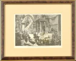 cca 1870-1900 Morelli Gusztáv (1848-1909): Ferenc József koronázása Budán. Fametszet, papír. Jelzett a metszeten. Üvegezett fa keretben, 12,5×18 cm