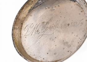 Ezüst(Ag) zsebóra, jelzett, gravírozott felirattal, felhúzókulcs nélkül, d: 4,5 cm, bruttó: 70,9 g