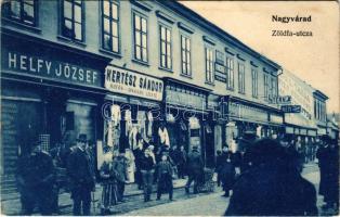 Nagyvárad, Oradea; Zöldfa utca, Helfy József, Kertész Sándor rőfös és divatáru, Helyfi László, Stern, Réti üzlete, Fonciere biztosító / street, shops