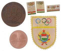 Kanada 1976. "Montreáli olimpia" témában 6xklf emlékérem, jelvény, felvarró, közte "Magyar Olimpiai Bizottság" aranyozott, zománcozott fém jelvény + Magyar népköztársasági címeres és öt karikás felvarró T:1,1- Canada 1976. "Montreal Olympics", 6xdiff commemorative medallion, badge, textile badge, with "Magyar Olimpiai Bizottság (Hungarian Olympic Committee" gilt, enamelled metal badge + Textile badge with the Hungarian People's Republic coat of arms and with the five hoops C:UNC,AU