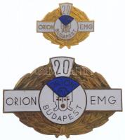 ~1970. Orion EMG 20 éves Törzsgárda zománcozott Br plakett (50x33mm) + zománcozott miniatűr jelvény sérült tokban T:1-