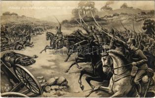 1914 Attacke österreichischer Husaren in Russisch Polen / WWI Austro-Hungarian K.u.K. military art postcard, hussars attack in Russian Poland