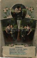 1915 Hűségeskü! / WWI Austro-Hungarian K.u.K. military art postcard, romantic couple. L&P 5616. Floral (EB)
