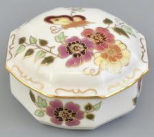 Zsolnay pillangómintás porcelán nyolcszögletű bonbonniere, kézzel festett, jelzett, hibátlan, 9×9×4 cm