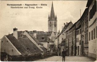 1915 Nagyszeben, Hermannstadt, Sibiu; Hundsrücken und Evang. Kirche / utca, Evangélikus templom / street, Lutheran church