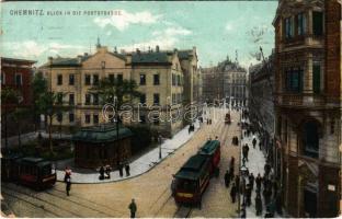 1913 Chemnitz, Blick in die Poststrasse / street, trams (EK)